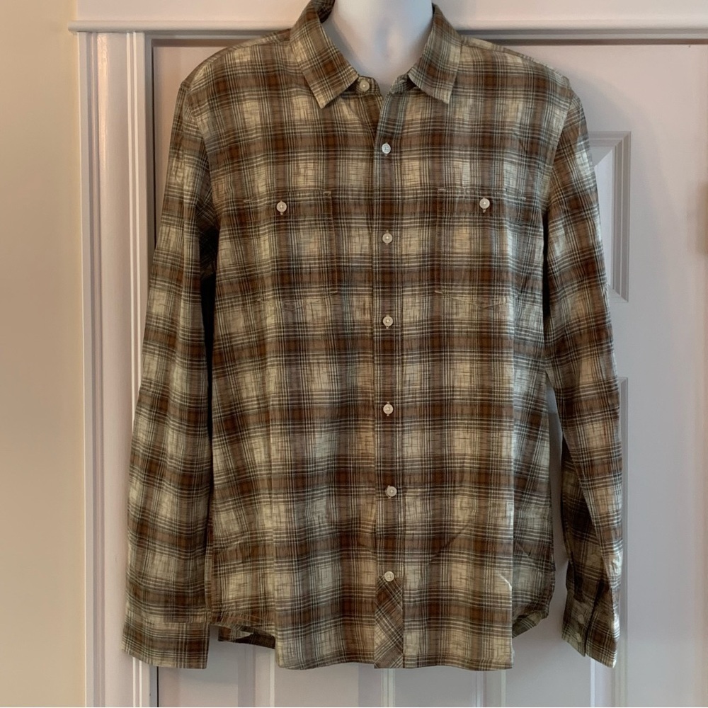 Toad & Co Smythy LS Button Up Shirt Mens L 100% Organic Cotton Brown Plaid
